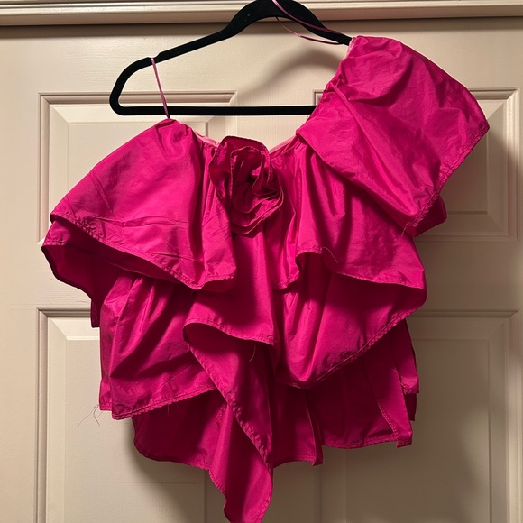 Zara Fuchsia One-Shoulder Ruffled Blouse - Picture 4 of 7